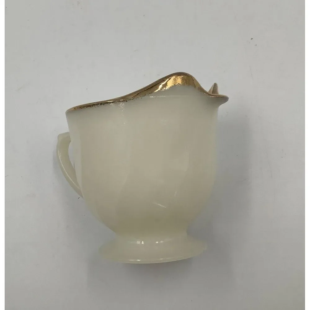 Fire King Ware White Cup with Pour Spout and Handle USA gold trim footed Vintage